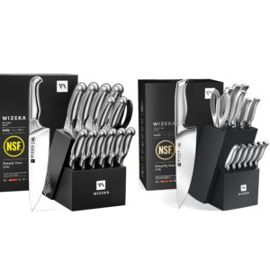 wizeka knife set, 2 set of 15pcs nsf certified 1.4116 german steel kitchen knife set, premium knife block set in one piece design, knives set for kitchen with build-in sharpener