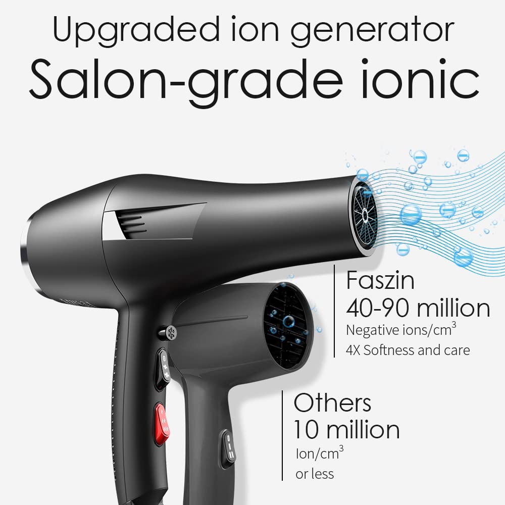 Faszin Ionic Salon Hair Dryer, Professional Blow Dryer 2200W AC Motor Fast Drying with 2 Speed, 3 Heat Setting, Cool Button, with Diffuser, Nozzle, Concentrator Comb for Curly and Straight Hair