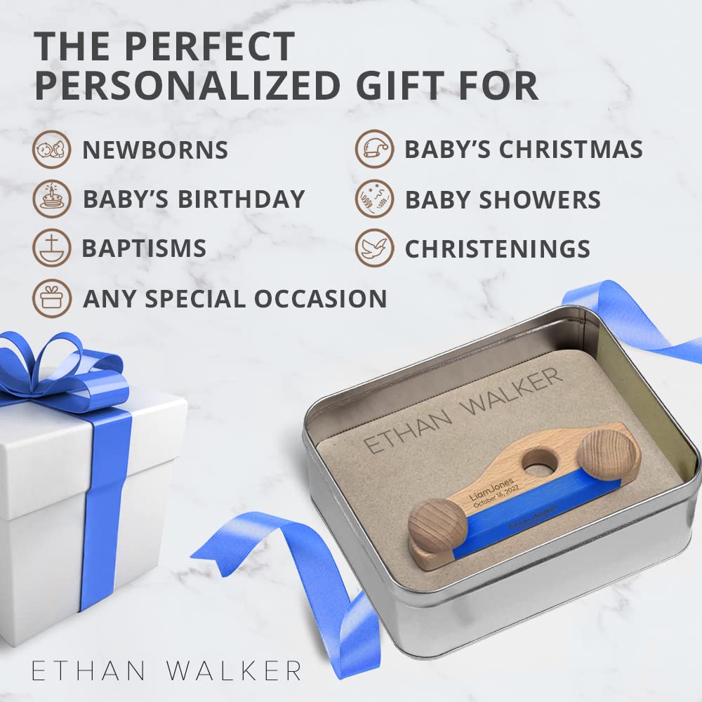 Ethan Walker Personalized Racecar Gift with Babys Name - A Perfect Keepsake Toy for Newborn Babies, 1st Birthday Baptism Christmas Boy or Girl Room Decor - Mom Will Love - Wooden Blue