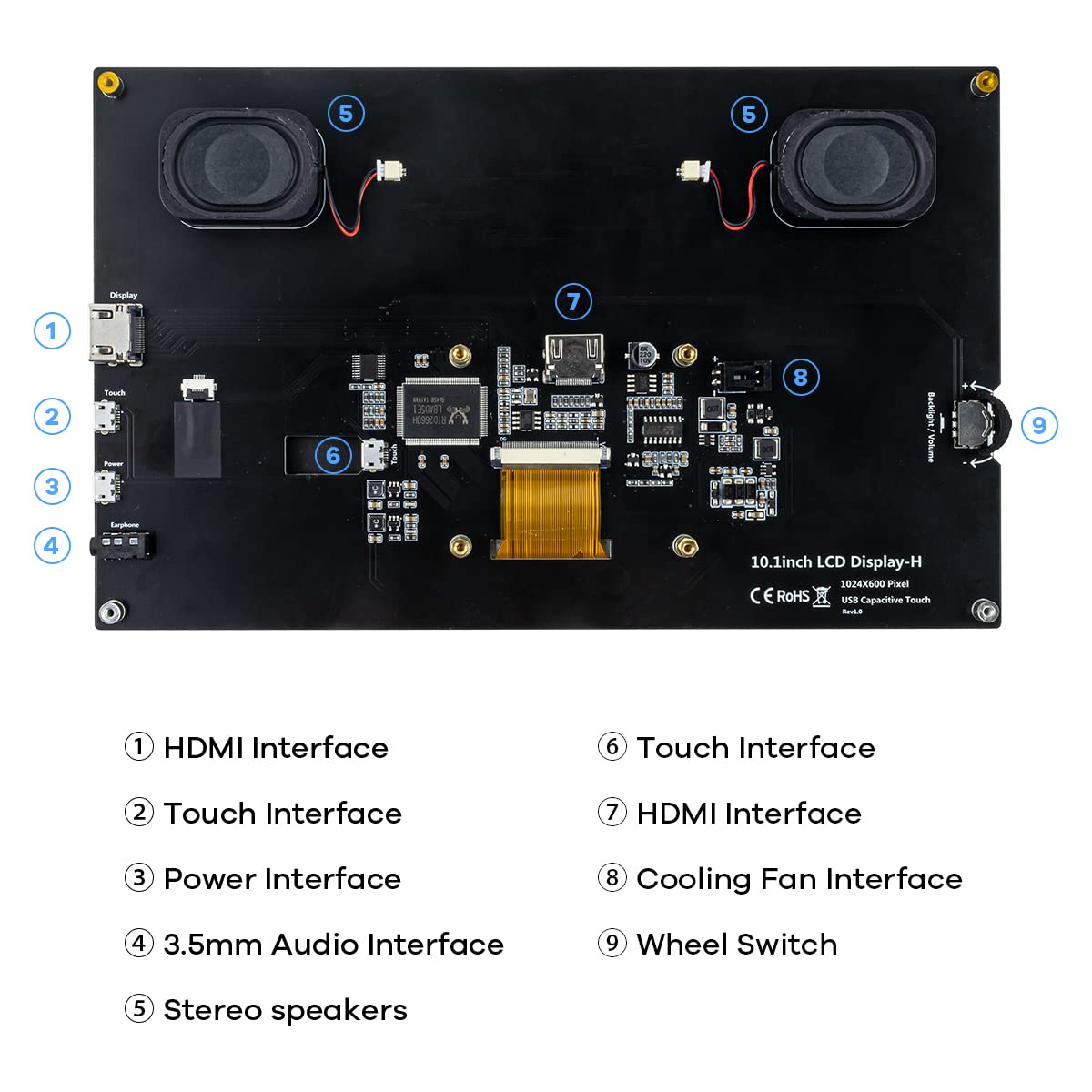 Hosyond 10.1" IPS LCD Capacitive Touch Screen HDMI Display Portable Monitor 1024X600 Built-in Dual Speakers for Raspberry Pi 5/4/3 Xbox PS4 Windows 7/8/10