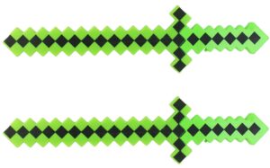 hunson pack of 2 color led flashing & sound light up classic diamond pixel 8 bit toy swords, green, 24 inches