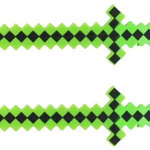 Hunson Pack of 2 Color Led Flashing & Sound Light Up Classic Diamond Pixel 8 Bit Toy Swords, Green, 24 Inches