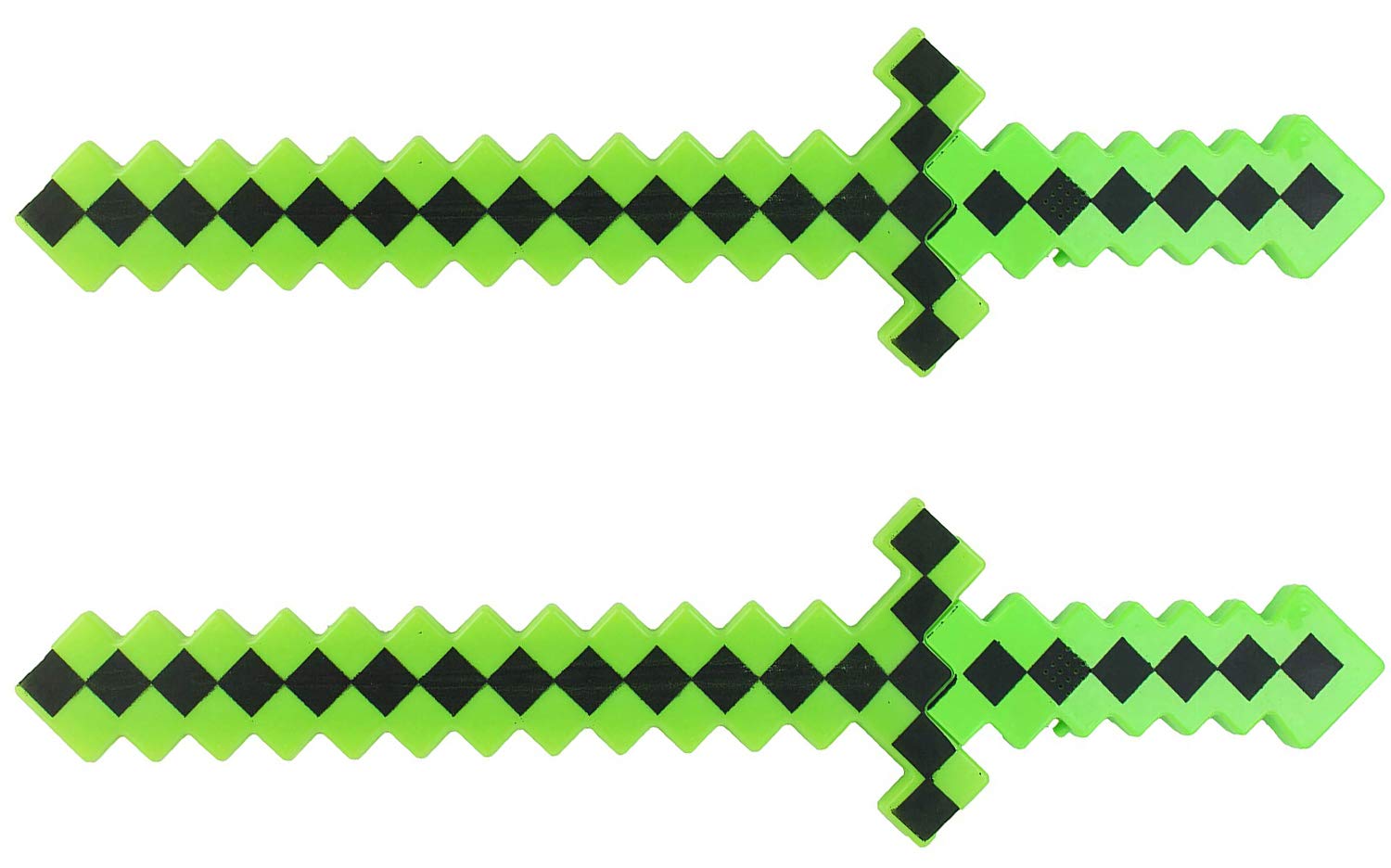 Hunson Pack of 2 Color Led Flashing & Sound Light Up Classic Diamond Pixel 8 Bit Toy Swords, Green, 24 Inches