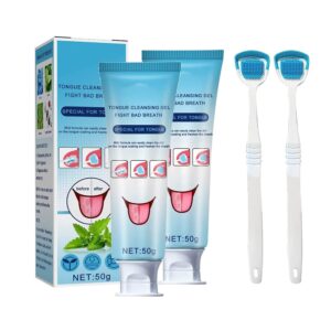 Tongue Cleaning Gel with Tongue Brush,50g Mint Scent Tongue Coating Cleaner Brush Kit,Dental Fresh Breath Cleaning Oral Care Gel Set Removes Oral Odor for Adults Kids (Set, 2PCS)