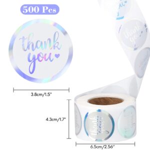 joycraft 500Pcs Thank You Stickers, 1.5 inch Round Holographic Rainbow Silver Thank You Gift Stickers Roll, Personalized Thank You Stickers for Small Business, Envelope Seals, Gift Wrapping, Bags