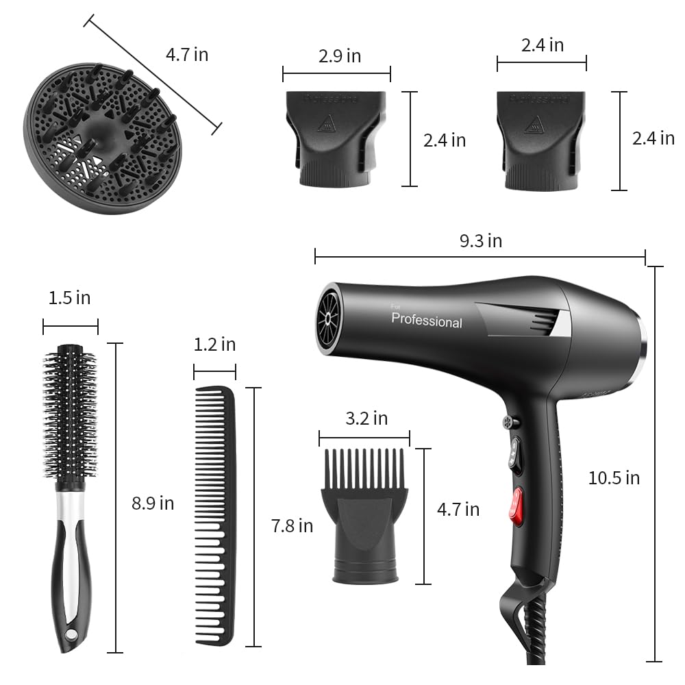 Faszin Ionic Salon Hair Dryer, Professional Blow Dryer 2200W AC Motor Fast Drying with 2 Speed, 3 Heat Setting, Cool Button, with Diffuser, Nozzle, Concentrator Comb for Curly and Straight Hair