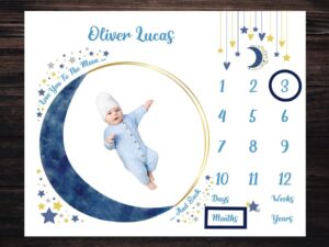 personalized baby milestone blanket 50x40 moon and stars boys, customized milestone blanket, monthly milestone blanket, baby photo prop blanket, baby growth age chart, baby shower keepsake gift