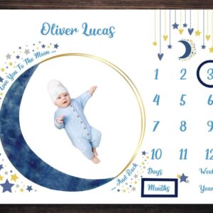 Personalized Baby Milestone Blanket 50x40 Moon and Stars Boys, Customized Milestone Blanket, Monthly Milestone Blanket, Baby Photo Prop Blanket, Baby Growth Age Chart, Baby Shower Keepsake Gift