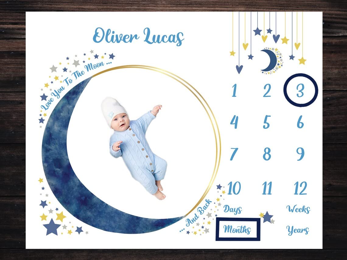 Personalized Baby Milestone Blanket 50x40 Moon and Stars Boys, Customized Milestone Blanket, Monthly Milestone Blanket, Baby Photo Prop Blanket, Baby Growth Age Chart, Baby Shower Keepsake Gift