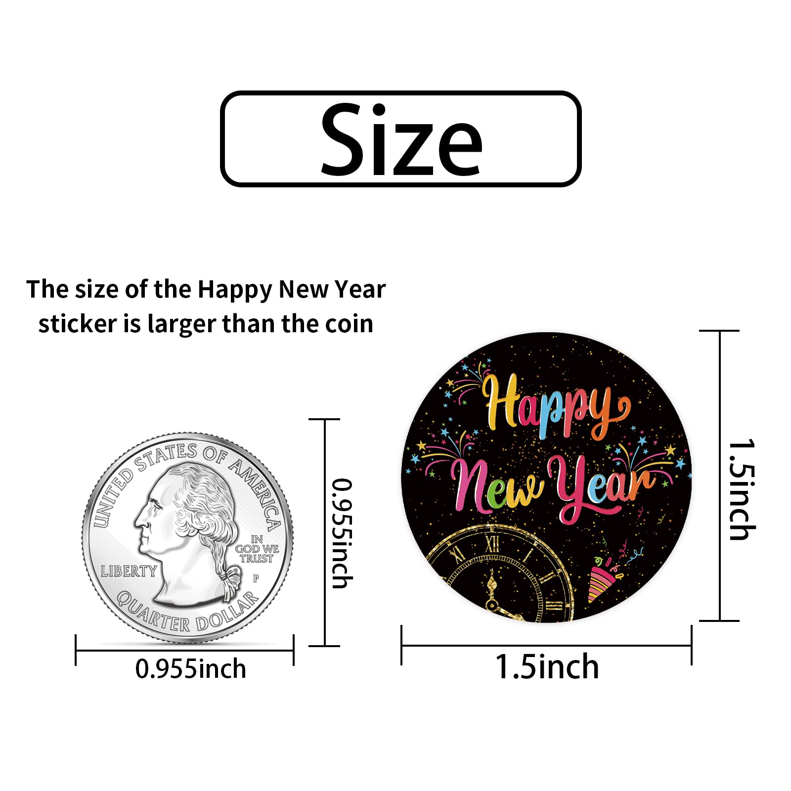 Heyfibro 1.5 Inches Happy New Year Sticker Roll, 500 Pcs Black New Year Stickers for Kids and Adults, Winter Holiday Round Labels Stickers for Gift Packing, Cards, Envelope Seals, Party Supplies