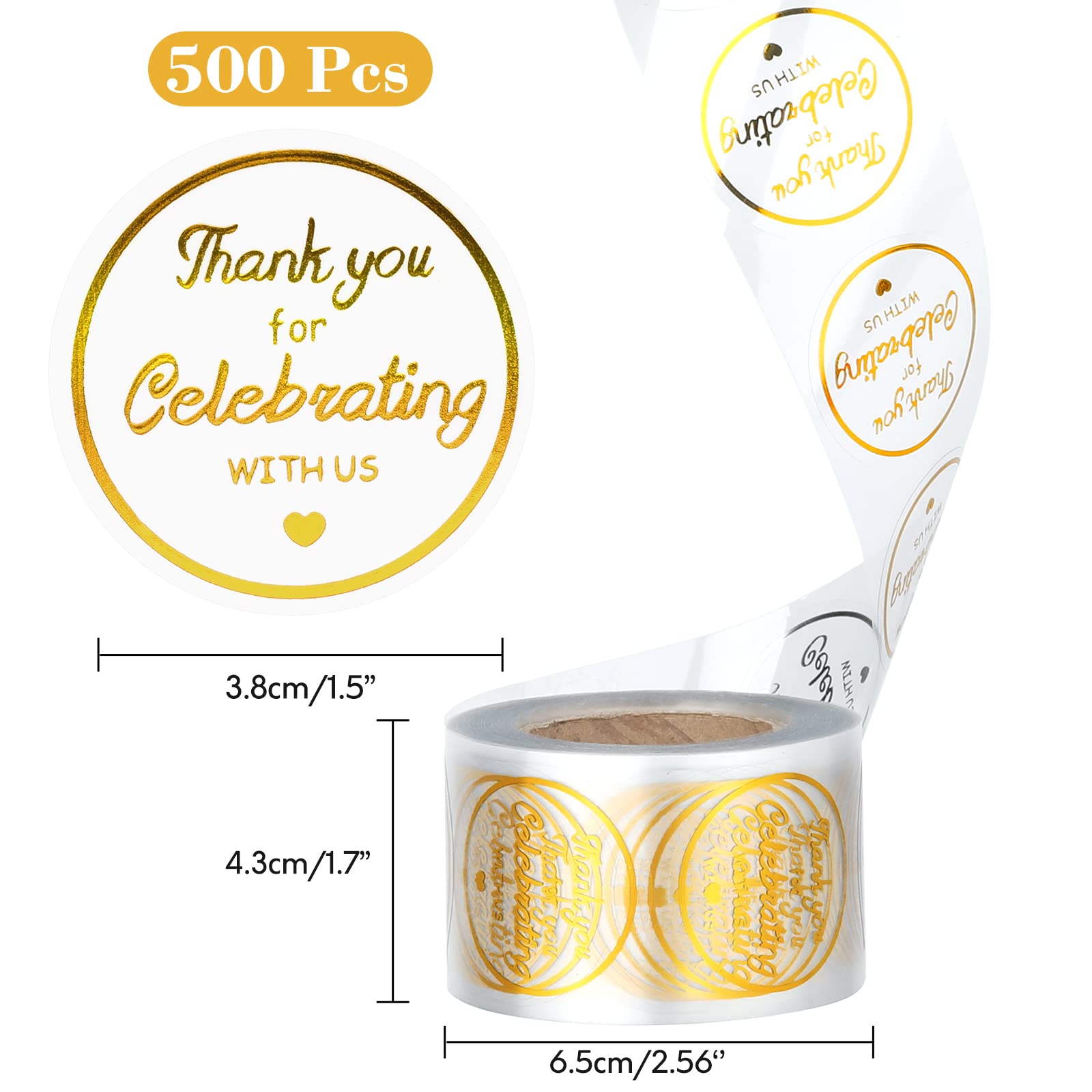 joycraft 500Pcs Thank You Stickers, 1.5 inch Gold Foil Round Clear Stickers, Thank You for Celebrating with Us Stickers, Personalized Gift Stickers for Envelope Seals, Gift Wrapping, Gift Bags