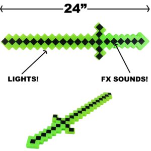 Hunson Pack of 2 Color Led Flashing & Sound Light Up Classic Diamond Pixel 8 Bit Toy Swords, Green, 24 Inches