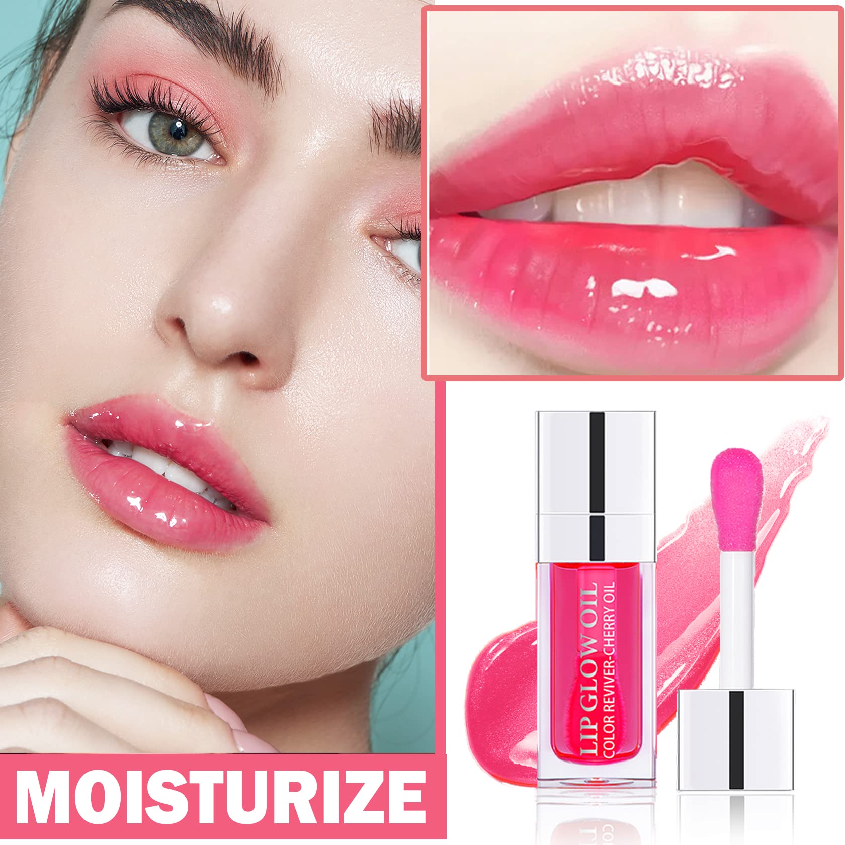 CAHIUYOA Lip Oil Hydrating Tinted Lip Oil Lip Gloss,Lip Glow Oil Lip Tint,Non-sticky Big Brush Head,Nourishing Repairing Plumping Lip Oil Lip Gloss - Cherry