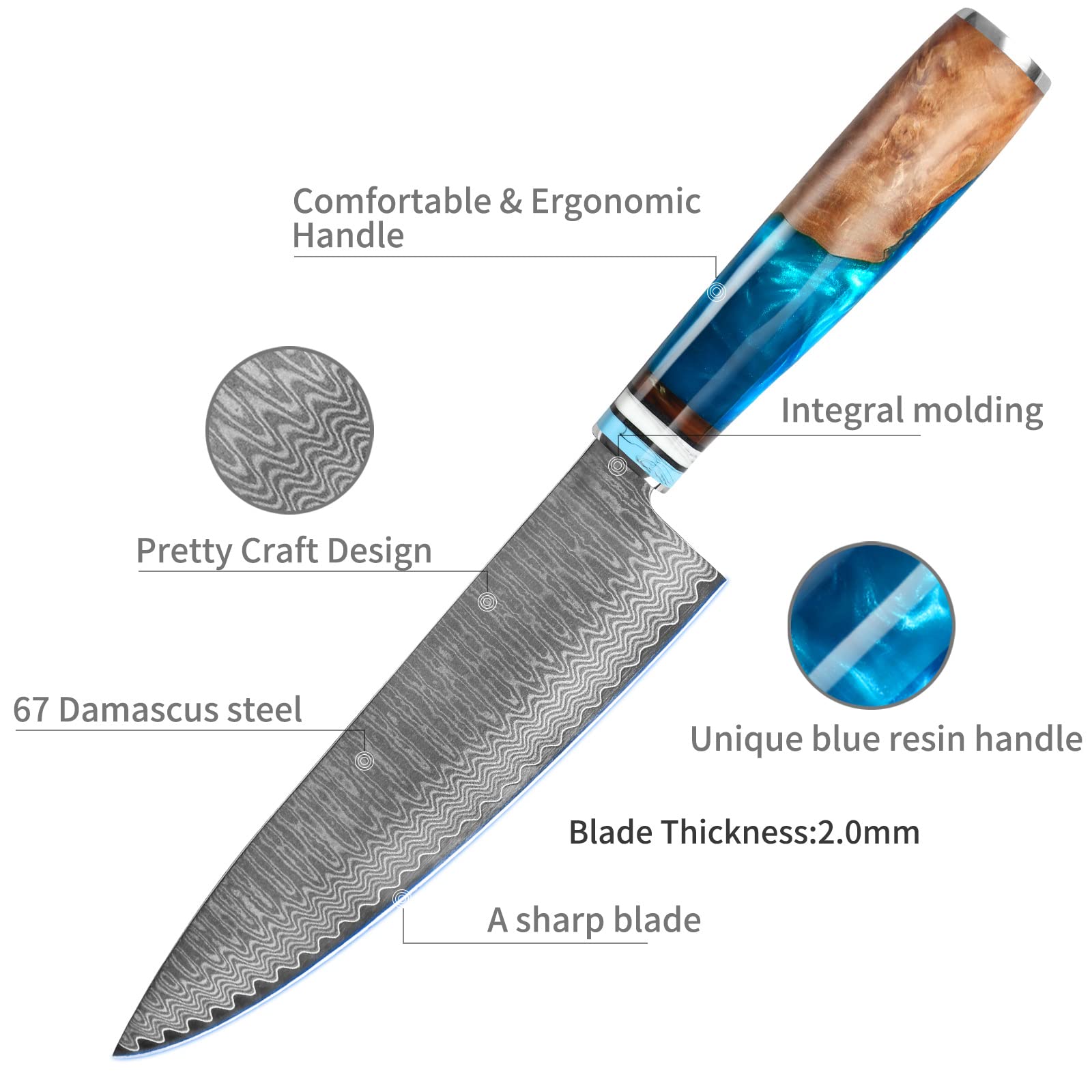 Chef Knife, Professional Japanese VG10 Damascus Steel Kitchen Chefs Knife 8 Inch, Razor Sharp Professional Meat Cutting Knife with Gift Box for Family, Restaurant