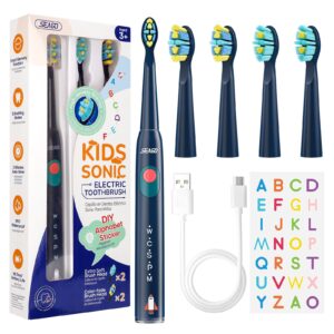 SEAGO Kids Electric Toothbrush, Sonic Soft Bristle Rechargeable Toothbrushes with DIY Stickers, 5 Modes, Includes 4 Replacement Brush Heads, Ages 3 to 12 Years Old (Navy)