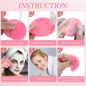 120pcs Compressed Facial Sponges Natural Face Exfoliator Disposable Face Sponges for Cleansing Round Soft Facial Scrubber Pads with Storage Container for Makeup Removal Esthetician Travel (Pink)