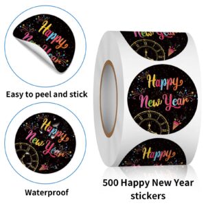 Heyfibro 1.5 Inches Happy New Year Sticker Roll, 500 Pcs Black New Year Stickers for Kids and Adults, Winter Holiday Round Labels Stickers for Gift Packing, Cards, Envelope Seals, Party Supplies