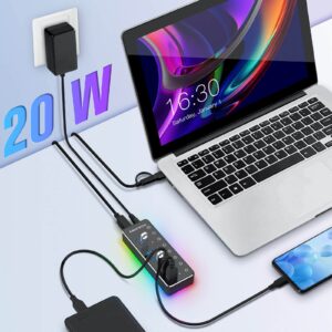 Powered USB Hub, RSHTECH RGB 7 Ports USB 3.0/USB C Hub with 14 Mode RGB LED Strip, Individual Touch Switches, 3.3ft Cable and 5V/4A Power Adapter, Aluminum Gaming USB Hub for PC and Laptop, RSH-518R