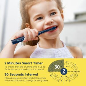 SEAGO Kids Electric Toothbrush, Sonic Soft Bristle Rechargeable Toothbrushes with DIY Stickers, 5 Modes, Includes 4 Replacement Brush Heads, Ages 3 to 12 Years Old (Navy)