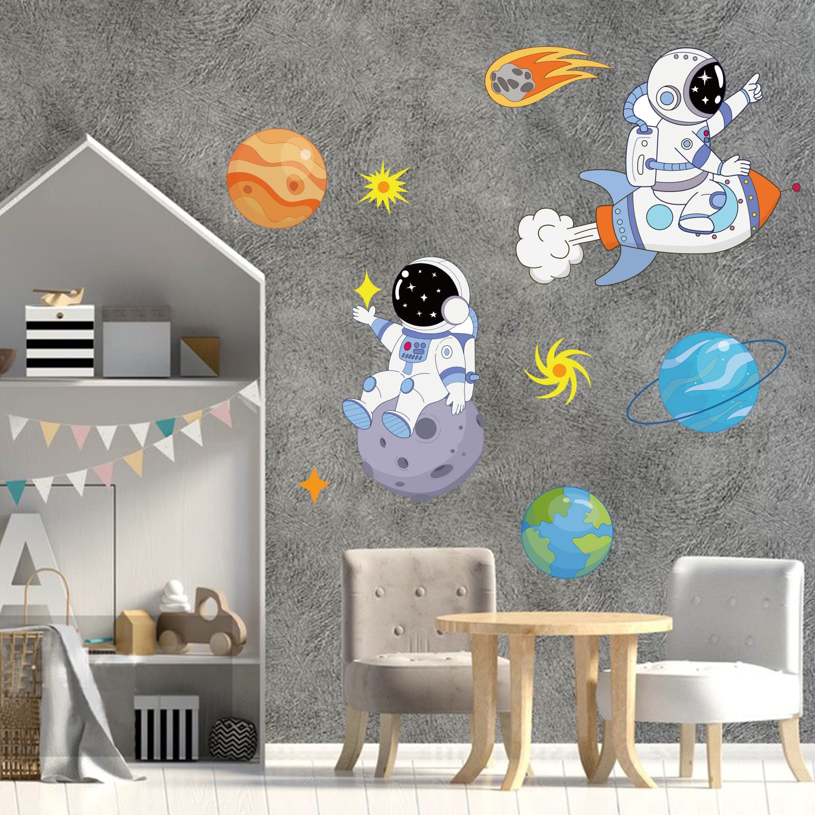 SUPERDANT Universe Wall Stickers Space Astronauts Planet Wall Decals Peel and Sticker DIY Wall Art Decors Mars Moon Uranus Jupiter Neptune Saturn Stickers for Kids Bedroom Classroom Nursery