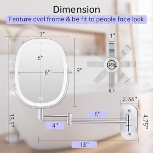 FUNTOUCH Rechargeable Lighted Wall Mounted Makeup Mirror, Double Sided 1X/7X Magnifying Mirror, 3 Lights Option Dimmable, Extension Foldable Arm, Oval Wall Mounted Mirror for Bathroom