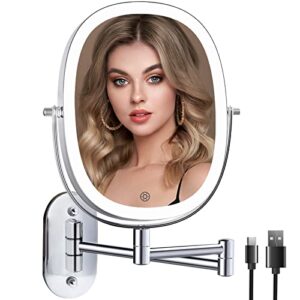 funtouch rechargeable lighted wall mounted makeup mirror, double sided 1x/7x magnifying mirror, 3 lights option dimmable, extension foldable arm, oval wall mounted mirror for bathroom