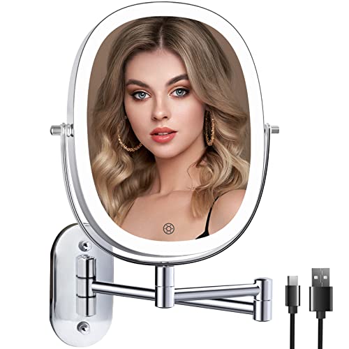 FUNTOUCH Rechargeable Lighted Wall Mounted Makeup Mirror, Double Sided 1X/7X Magnifying Mirror, 3 Lights Option Dimmable, Extension Foldable Arm, Oval Wall Mounted Mirror for Bathroom