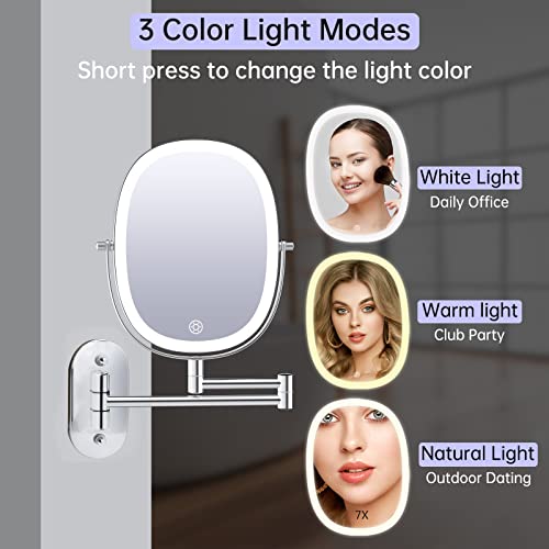 FUNTOUCH Rechargeable Lighted Wall Mounted Makeup Mirror, Double Sided 1X/7X Magnifying Mirror, 3 Lights Option Dimmable, Extension Foldable Arm, Oval Wall Mounted Mirror for Bathroom