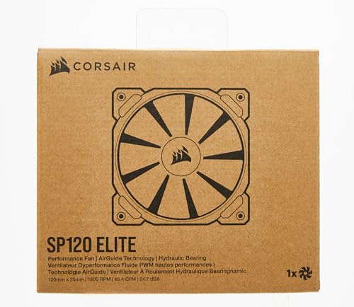 Corsair SP120 Elite, 120mm PWM Hydraulic Bearing Case Fan with CORSAIR AirGuide Technology - Low-Noise, 24.7 dBA, Fan Speeds from 300 RPM - 1,300 RPM, 45.4 CFM, Single Pack - Black