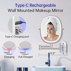 FUNTOUCH Rechargeable Lighted Wall Mounted Makeup Mirror, Double Sided 1X/7X Magnifying Mirror, 3 Lights Option Dimmable, Extension Foldable Arm, Oval Wall Mounted Mirror for Bathroom