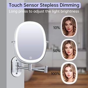 FUNTOUCH Rechargeable Lighted Wall Mounted Makeup Mirror, Double Sided 1X/7X Magnifying Mirror, 3 Lights Option Dimmable, Extension Foldable Arm, Oval Wall Mounted Mirror for Bathroom