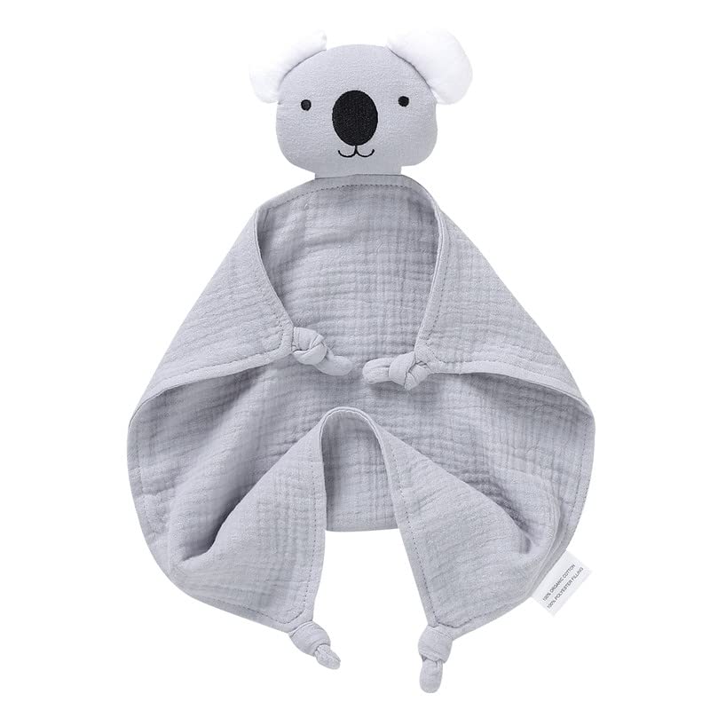 LAWKUL Baby Security Blankets Organic Cotton Muslin Lovey Breathable Lovie Soft Cuddly Lovies for Infant Boy Girls Koala Grey