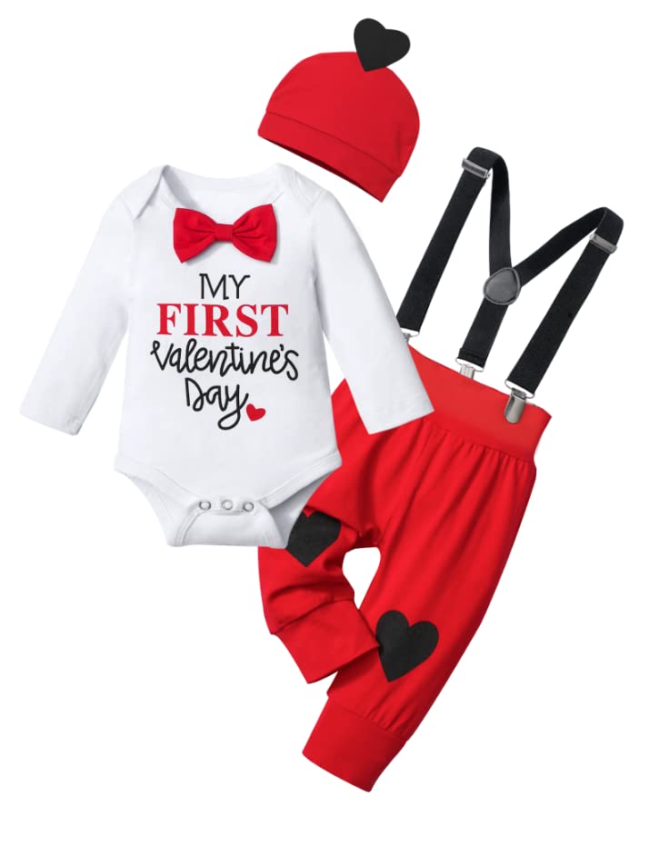 Baby Boy Valentines Day Outfit, Cute Letter Printed Long Sleeve Romper with Bow Tie + Pants + Hat 3Pcs Set