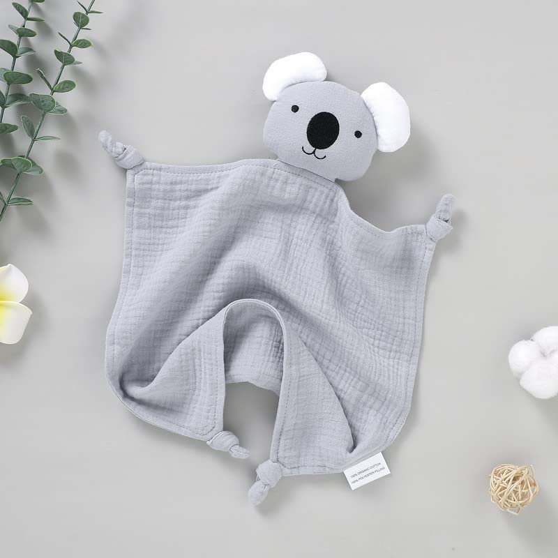 LAWKUL Baby Security Blankets Organic Cotton Muslin Lovey Breathable Lovie Soft Cuddly Lovies for Infant Boy Girls Koala Grey