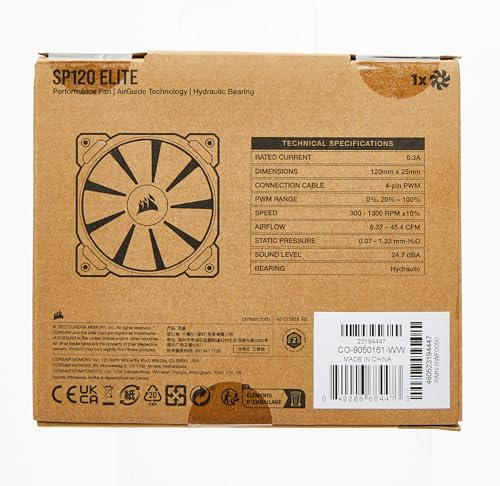 Corsair SP120 Elite, 120mm PWM Hydraulic Bearing Case Fan with CORSAIR AirGuide Technology - Low-Noise, 24.7 dBA, Fan Speeds from 300 RPM - 1,300 RPM, 45.4 CFM, Single Pack - Black