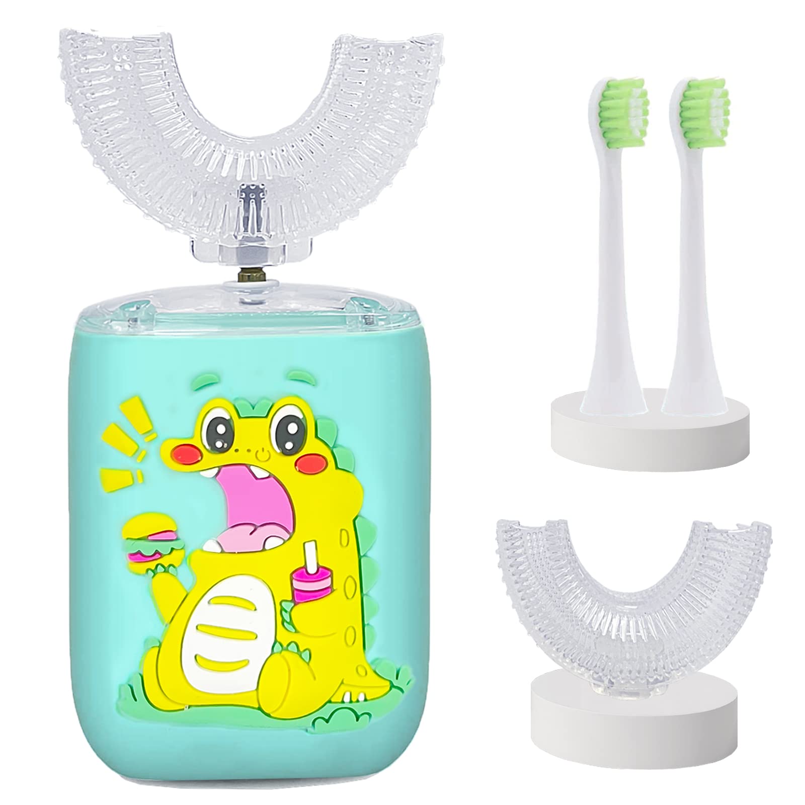 BLEBLE Kids Toothbrush Electric, Ultrasonic U Shaped Automatic Toothbrush with 4 Brush Heads 6 Cleaning Modes, IPX7 Waterproof Toothbrush Suitable for 2-12 Year-Old Children (Yellow)