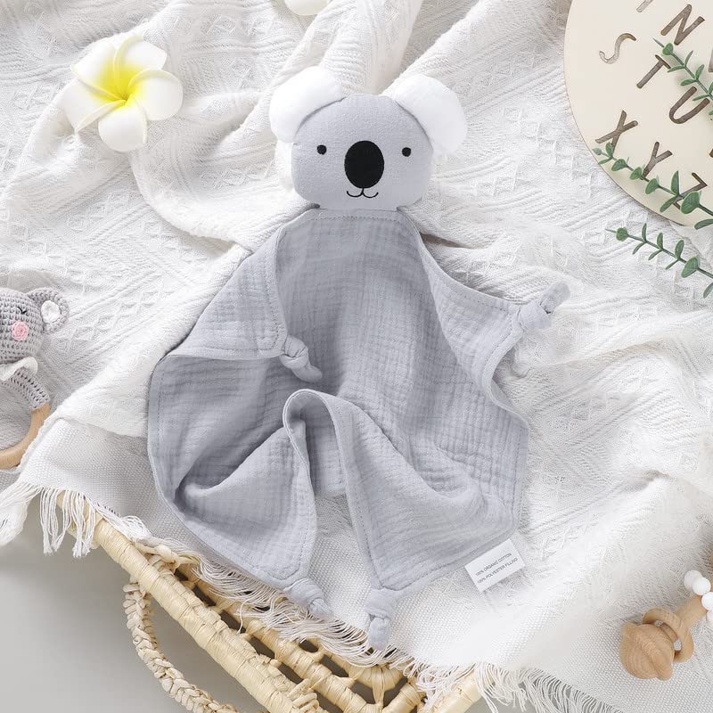 LAWKUL Baby Security Blankets Organic Cotton Muslin Lovey Breathable Lovie Soft Cuddly Lovies for Infant Boy Girls Koala Grey