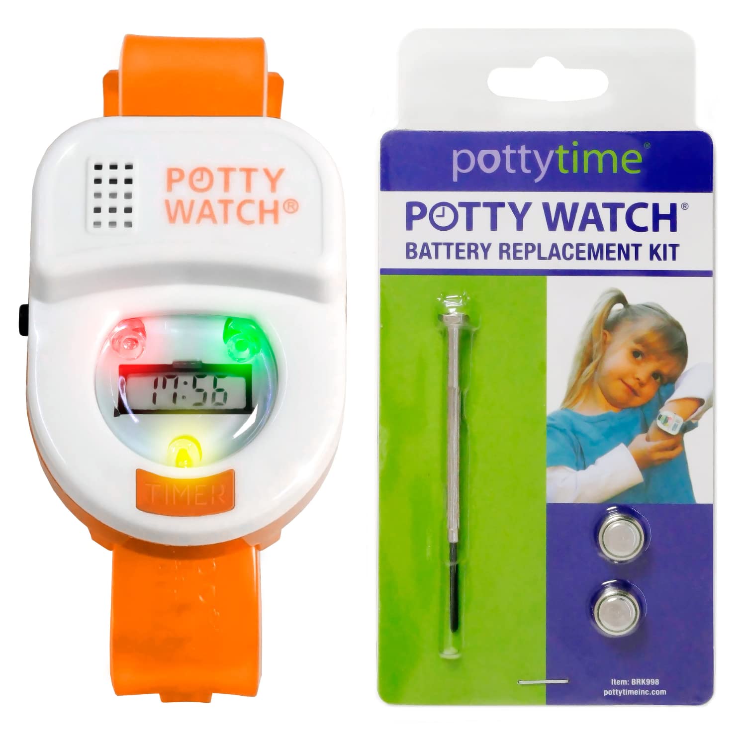 Potty Time:The Original Potty Watch|Water Resistant,Toilet Training Aid,Warranty(30|60|90 Min Auto Timers w/Music & Flashing Lights for Fun & Gentle Reminders) Orange, Pond Sticker Chart+Battery Kit