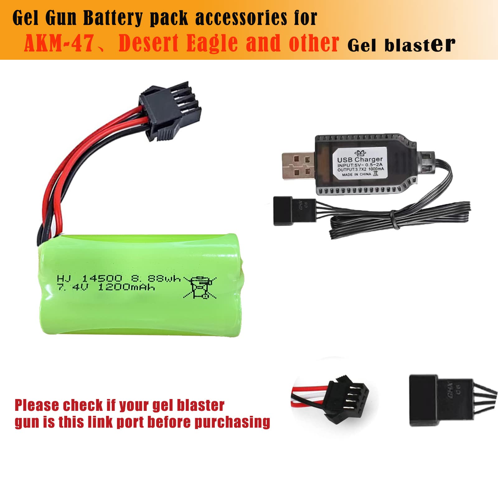 BTEDZSW Gel Blaster Battery 2 Pack 7.4V 1200mAh Li-ion Rechargerable Battery with SM-4P Plug and Charger Cable for Splatter Ball Gun