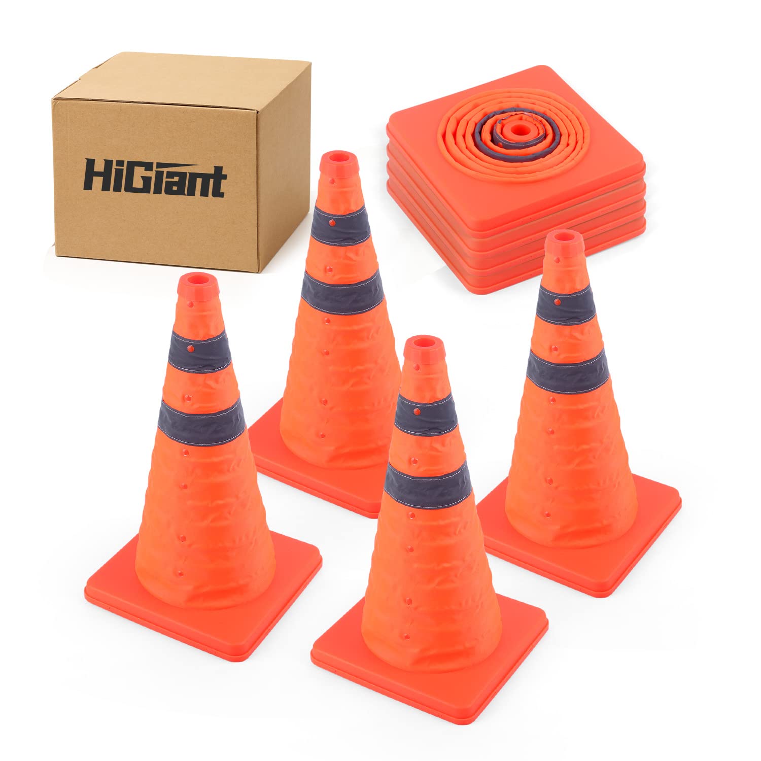 HiGiant [4 Pack] Collapsible Traffic Safety Cones 18'' inch, Orange Pop-up Cones with Reflective Collar, Caution Cones for Road Driving Practice and Parking Lot