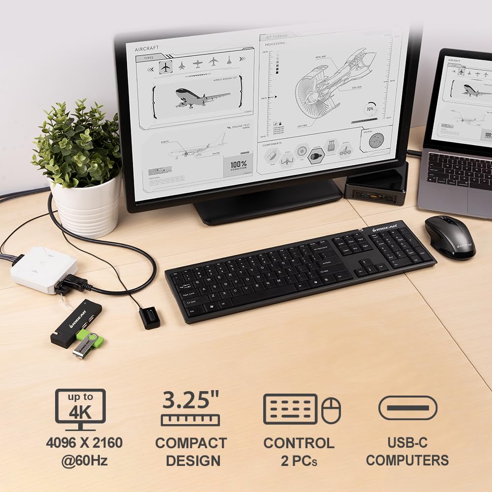 IOGEAR KVM Switch 2-Port 4K USB-C KVM Switch 1 Monitors 2 Computers with DisplayPort Out 4096x2160 60Hz Plug-n-Play USB Hub Attached USB-C Cables - 6ft Wired Remote Windows, Mac, and Linux - GCS72CC