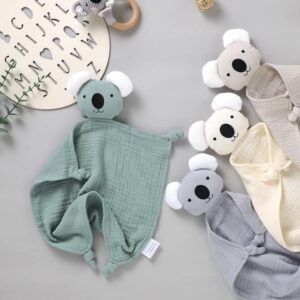 LAWKUL Baby Security Blankets Organic Cotton Muslin Lovey Breathable Lovie Soft Cuddly Lovies for Infant Boy Girls Koala Grey