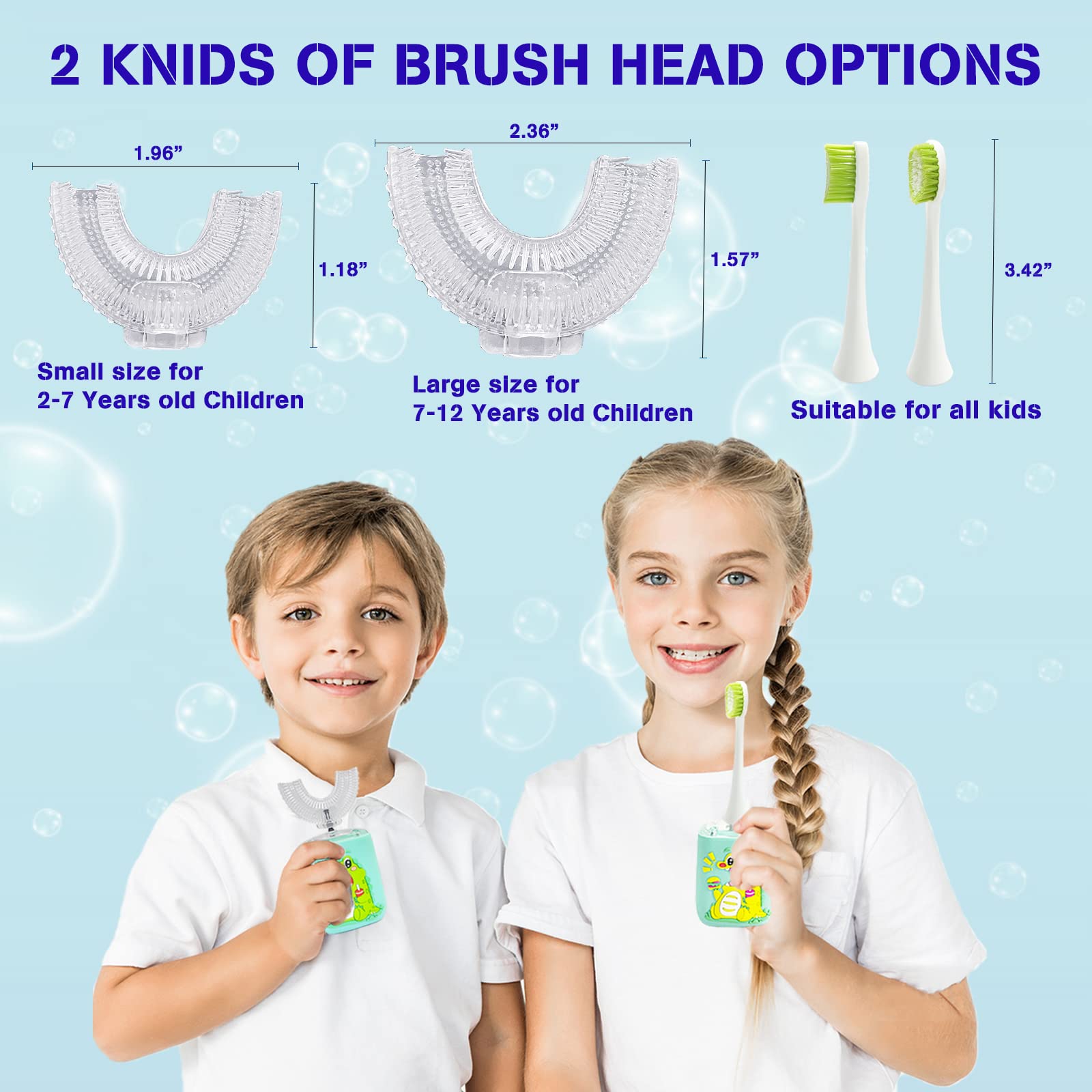 BLEBLE Kids Toothbrush Electric, Ultrasonic U Shaped Automatic Toothbrush with 4 Brush Heads 6 Cleaning Modes, IPX7 Waterproof Toothbrush Suitable for 2-12 Year-Old Children (Yellow)