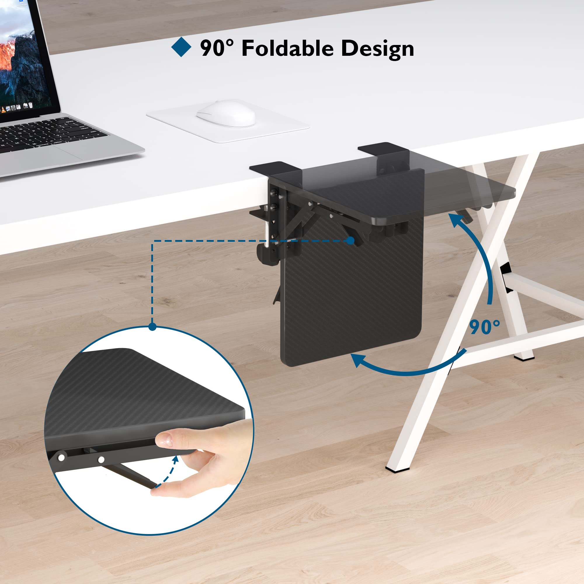 BONTEC Ergonomics Desk Extender Tray, 9.5"x9.1" Table Mount Arm Wrist Rest Shelf, 90° Foldable Elbow Arm Support, Clamp on Computer Arm Rest for Desk, Suitable for Office Desks