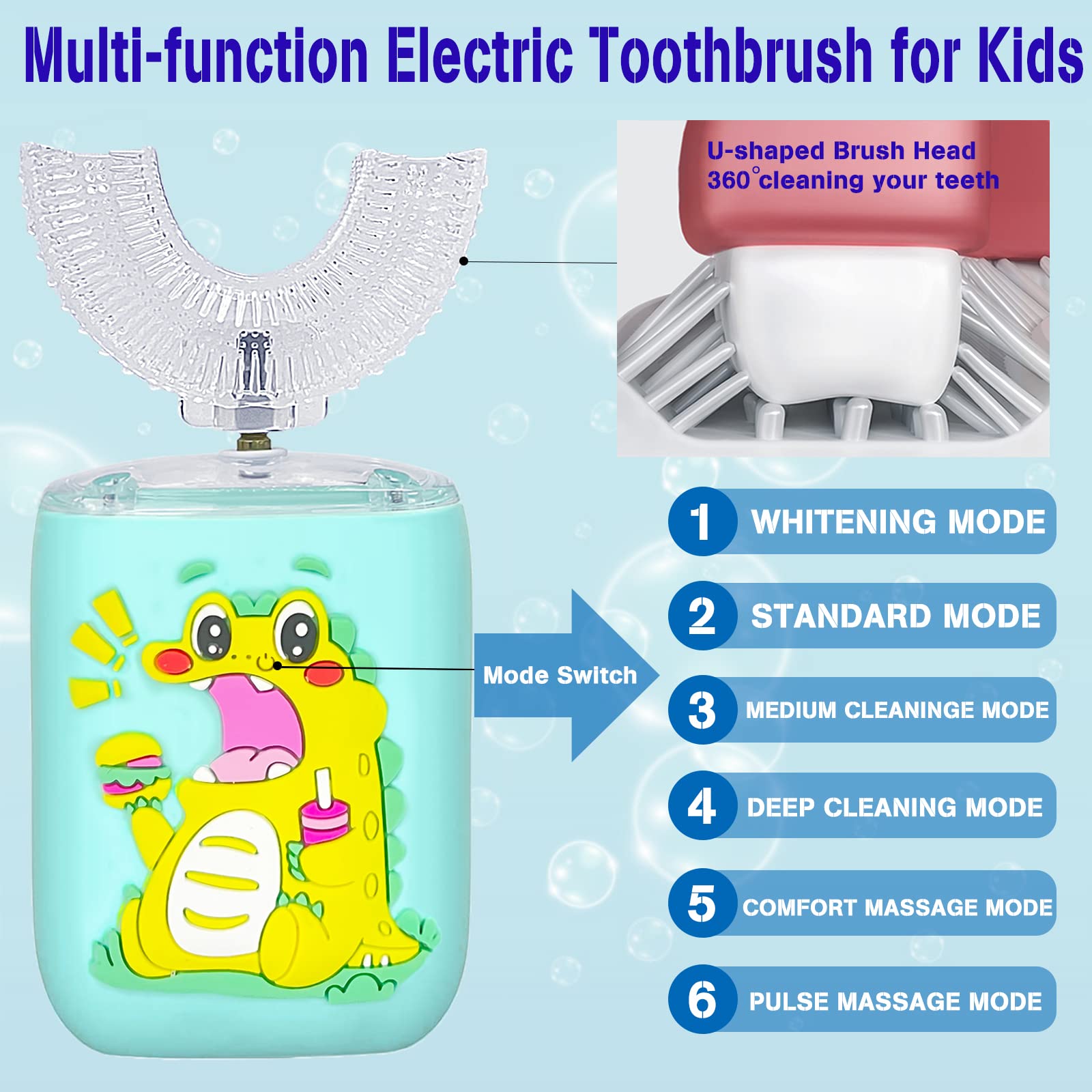 BLEBLE Kids Toothbrush Electric, Ultrasonic U Shaped Automatic Toothbrush with 4 Brush Heads 6 Cleaning Modes, IPX7 Waterproof Toothbrush Suitable for 2-12 Year-Old Children (Yellow)