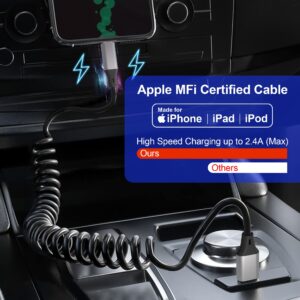 Coiled Lightning Cable Apple Carplay Compatible [Apple MFi Certified] Short USB to Lightning Apple Carplay Cable with Data Sync, Retractable iPhone Charger Cord for iPhone/Pad/Pod