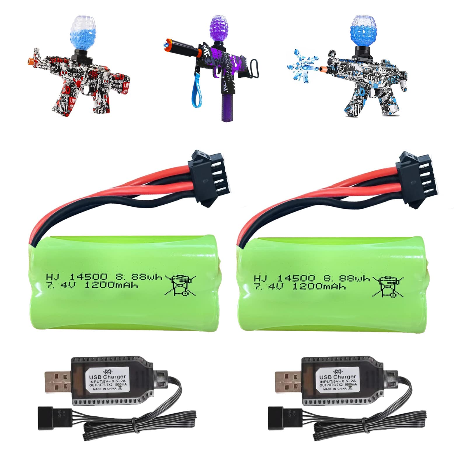 BTEDZSW Gel Blaster Battery 2 Pack 7.4V 1200mAh Li-ion Rechargerable Battery with SM-4P Plug and Charger Cable for Splatter Ball Gun