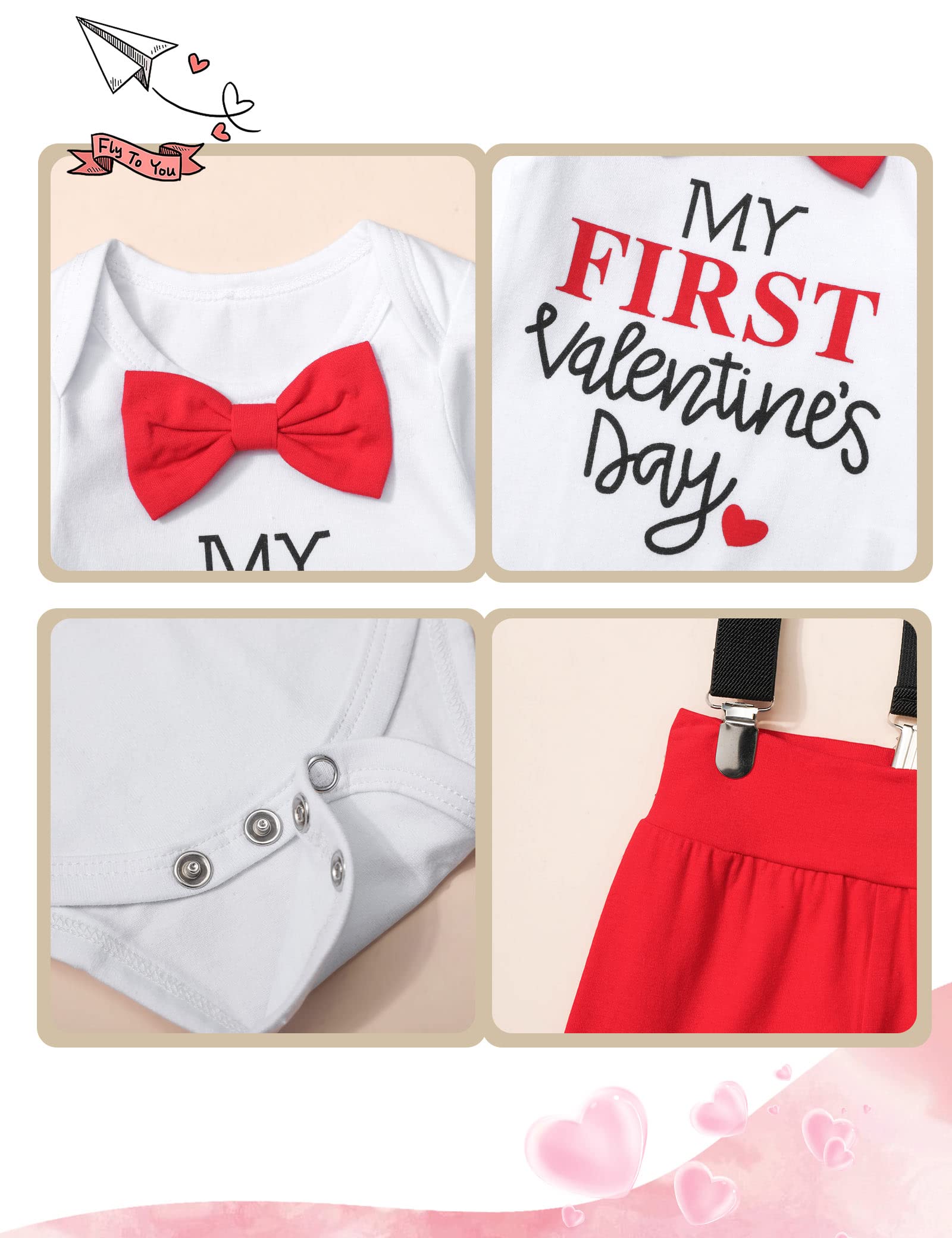 Baby Boy Valentines Day Outfit, Cute Letter Printed Long Sleeve Romper with Bow Tie + Pants + Hat 3Pcs Set