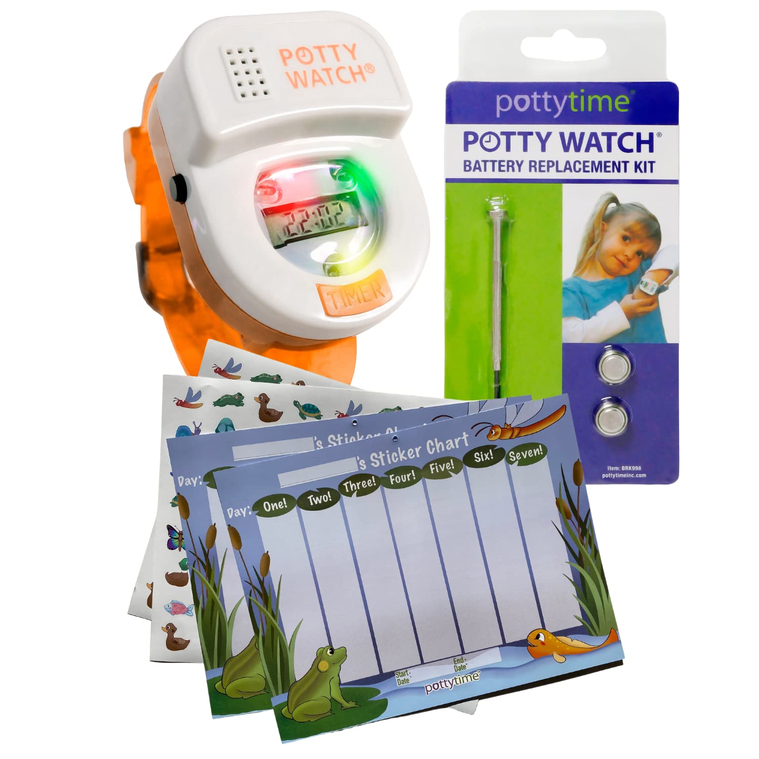 Potty Time:The Original Potty Watch|Water Resistant,Toilet Training Aid,Warranty(30|60|90 Min Auto Timers w/Music & Flashing Lights for Fun & Gentle Reminders) Orange, Pond Sticker Chart+Battery Kit