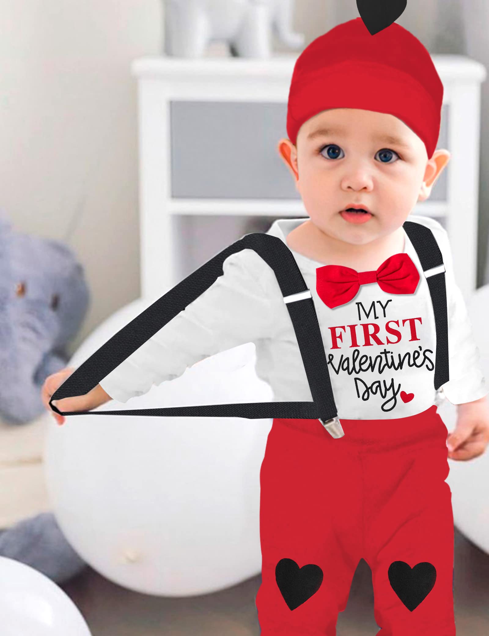 Baby Boy Valentines Day Outfit, Cute Letter Printed Long Sleeve Romper with Bow Tie + Pants + Hat 3Pcs Set